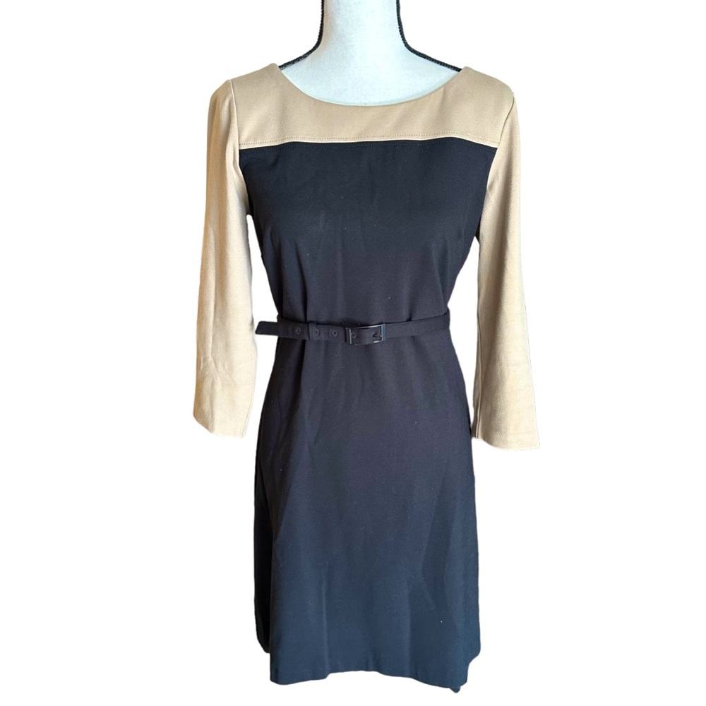 Talbots Tan Black Ponte Stretch Color Block Belted Sheath‎ Dress 8